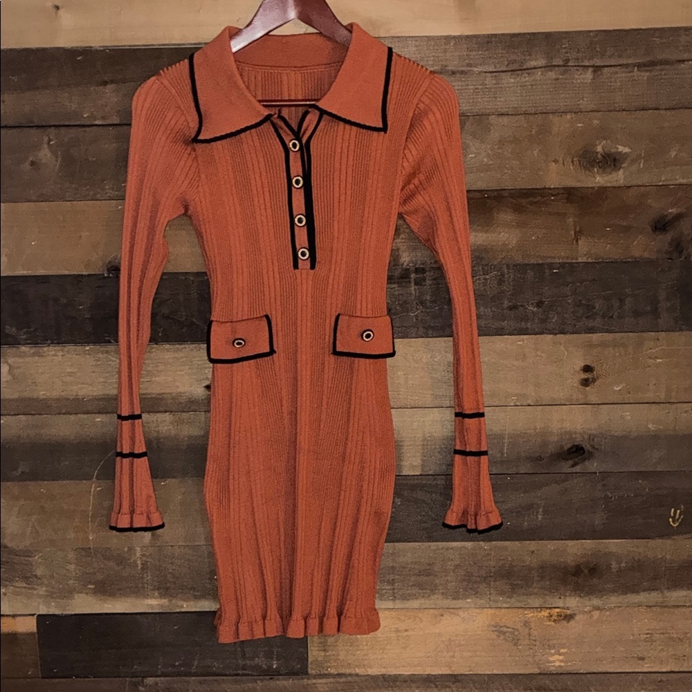 Cider Ribbed Long-Sleeve Polo Dress in Burnt Orange with Black Trim - Picture 3 of 3